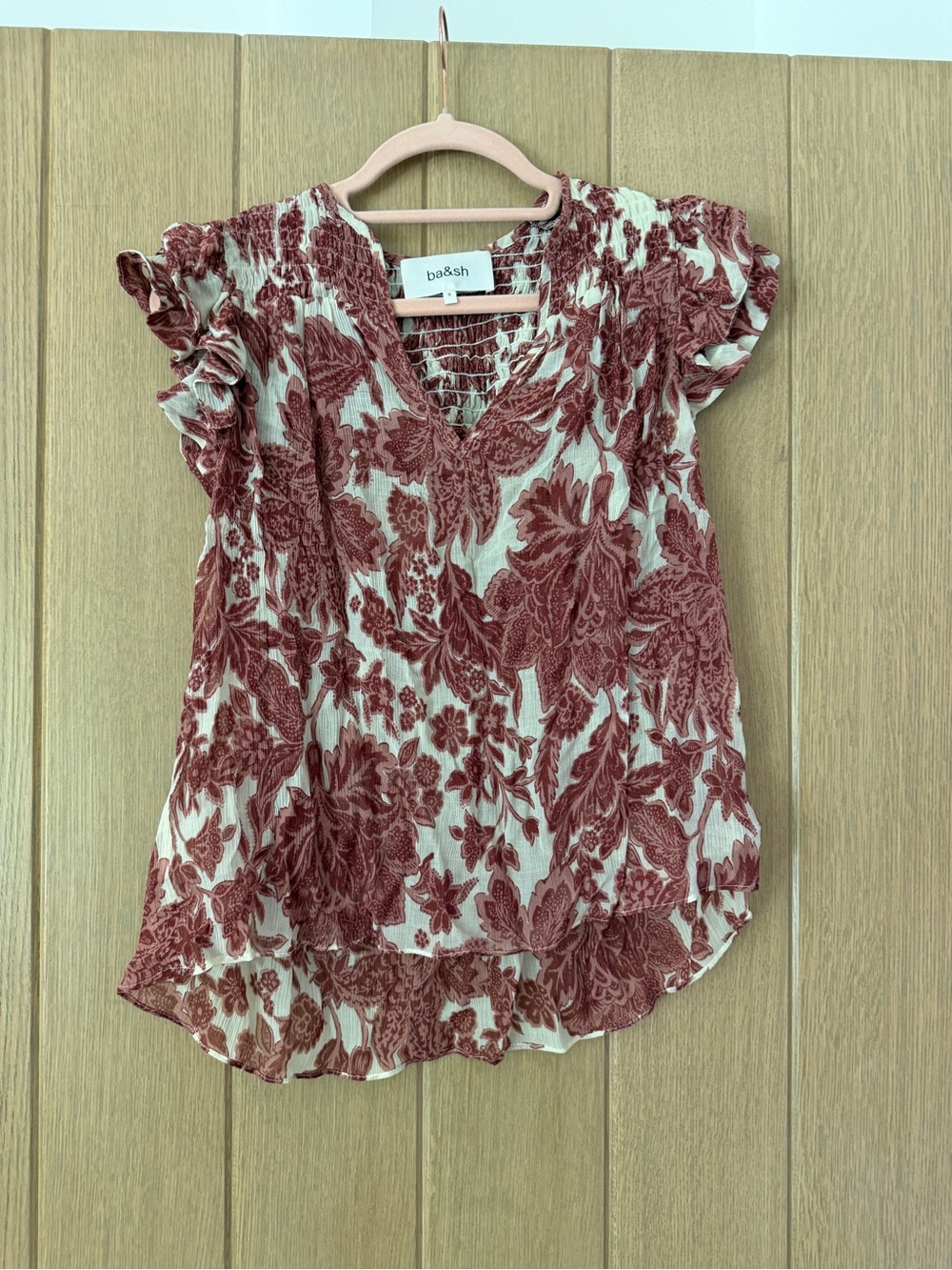 ba&sh Rust Floral V-Neck Smocked Shoulder Blouse